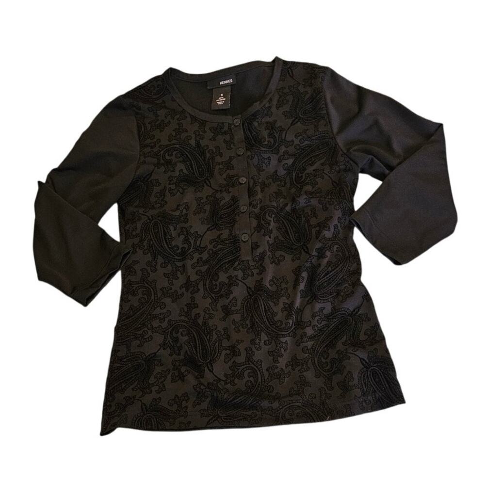 Hennes Black Paisley Henley Top Small Long Sleeve Textured Made in Italy